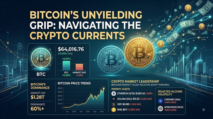 A digital infographic titled 'BITCOIN'SUNYIELDING GRIP: NAVIGATING THE CRYPTO CURRENTS' displaying Bitcoin statistics like a price of $64,016.76, market cap of $1.28T, and dominance of 60%+.