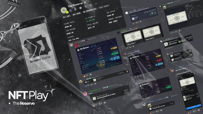 A promotional graphic showcases "NFT Play x The Reserve" branding, featuring a keychain labeled "Emperor's Journal" alongside multiple screenshots of trading dashboards displaying cryptocurrency data, NFTs, and stock tickers such as "AAPL" with figures like "-1.0988%" and "-2.0733." The collage visually celebrates the collaboration's documented trading journey, highlighting the wins, market analysis, and milestones shared between NFT Play and The Reserve.