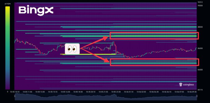 A purple and dark-toned cryptocurrency trading chart labeled 'Bingx' shows price movements, with red arrows and boxes highlighting specific horizontal levels and a crying eyes emoji.