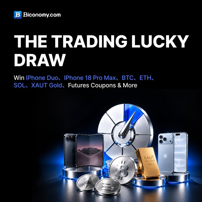 A promotional graphic for Biconomy.com's "Trading Lucky Draw," featuring images of an iPhone Duo, iPhone 18 Pro Max, a 999.0g XAUT Fine Gold bar, and BTC, ETH, and SOL coins arranged around a spinning prize wheel. The ad highlights prizes including the listed tech devices, cryptocurrencies, and tokenized gold, matching the accompanying post's details about Trading Lucky Draw Carnival Season 3.