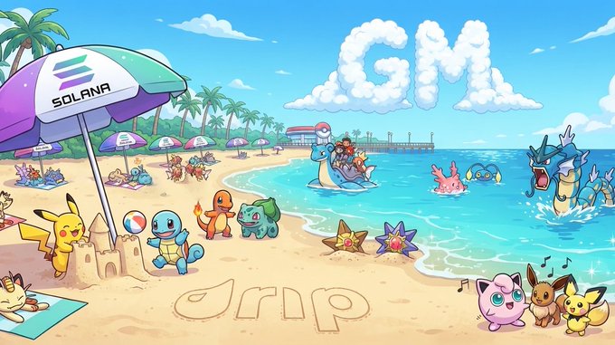 A vibrant beach scene illustration with Pokémon characters like Pikachu, Squirtle, Charmander, and Bulbasaur alongside a Solana-branded umbrella, with 'GM' spelled in clouds and 'drip' in the sand.