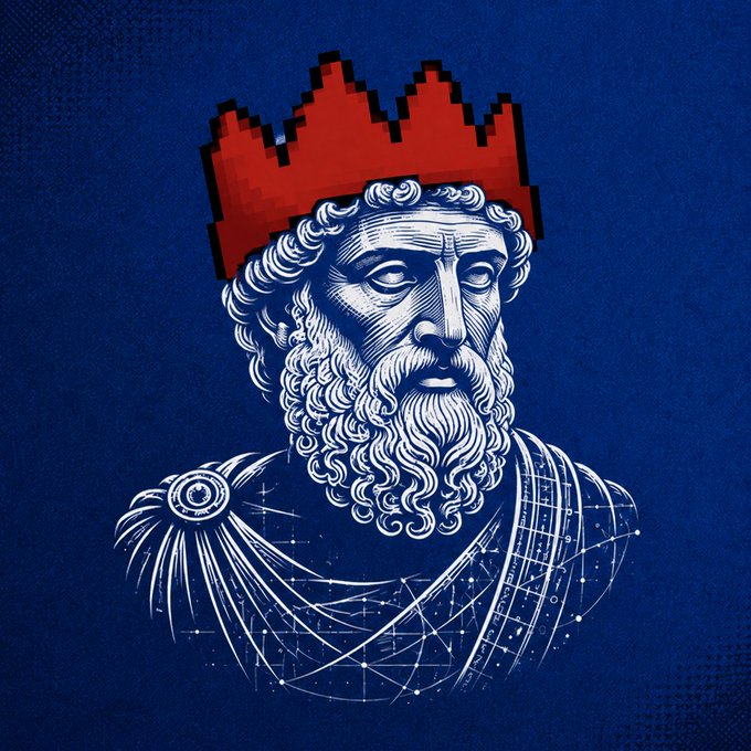A pixel-art bust of a bearded classical figure (resembling a Greek philosopher or mathematician) wearing a red castle-crown, with constellation lines overlaying his robes on a deep blue background—reflecting the "harmonic" and cosmic/mathematical themes suggested by the $HARMONIC ticker.