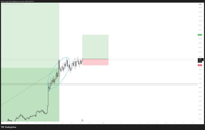 A TradingView chart displays the price action of $HYPE token showing a strong bullish trend with a parabolic rise followed by a blue elliptical consolidation pattern and a short-term retracement, highlighting key resistance and support zones marked by green and red shaded areas.