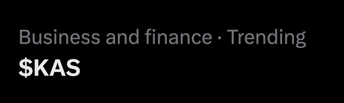 A trending ticker graphic displays "$KAS" under the categories "Business and finance · Trending," indicating the cryptocurrency Kaspa is currently a top trending topic.