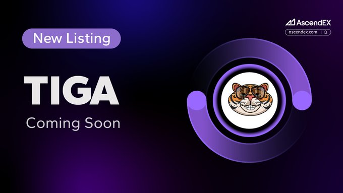 The image is of a poster with a cartoon character, possibly a tiger or a snake, wearing sunglasses and a mask as the main focus. Below this character, there's a text that says "New Upcoming Listing #AscendEX will list @tiga_coin ( $TIGA ) with the trading pair $TIGA/USDT". The poster also has some purple background and a white circle in the center, which could be interpreted as a logo or an icon related to the character's name.
