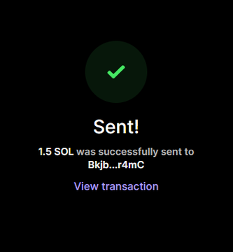 A confirmation screen displays a successful transaction with a green checkmark, stating "Sent! 1.5 SOL was successfully sent to BKjb...r4mC," along with a "View transaction" link. The image serves as proof of a 1.5 SOL giveaway sent to one of the winners, matching the post announcing the selection of giveaway winners.