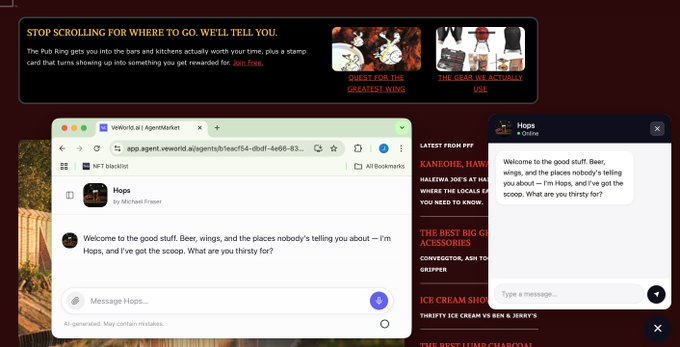 Screenshot of a web browser and chatbot interface, where an AI assistant named 'Hops' welcomes the user and asks what they're thirsty for, alongside a banner reading 'STOP SCROLLING FOR WHERE TO GO. WE'LL TELL YOU.'