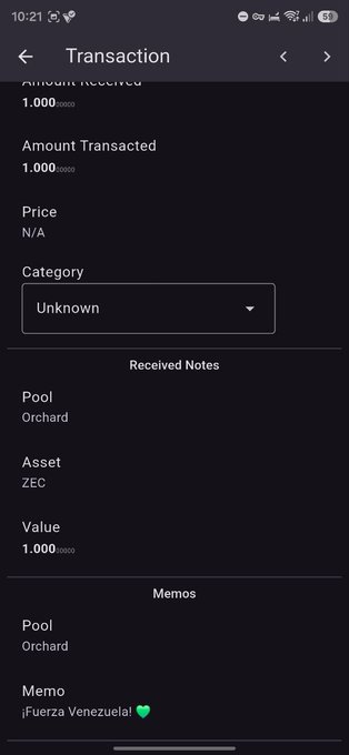 A screenshot of a Zcash (ZEC) transaction record showing 1.000 ZEC received via the Orchard pool, with a memo reading "¡Fuerza Venezuela!" 💚. This reflects a donation to the Zcash aid campaign for Venezuela, as referenced in the post from zcashesp.com.