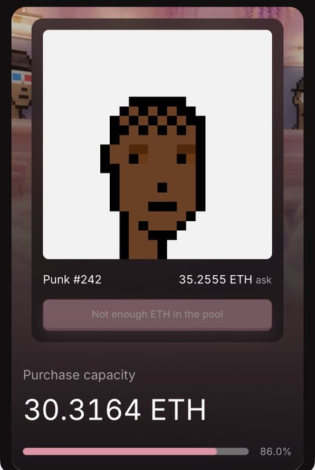 A digital interface showing a CryptoPunk NFT, specifically 'Punk #242', with a purchase capacity of 30.3164 ETH and an asking price of 35.2555 ETH.