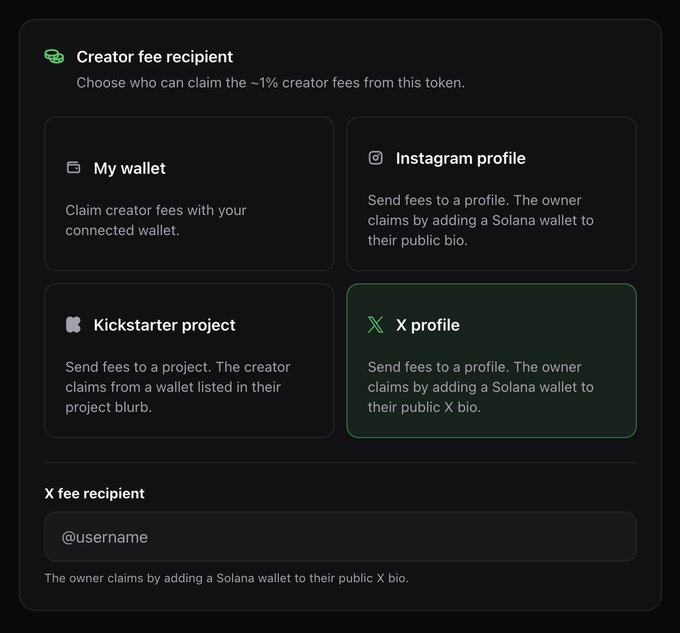 This screenshot shows how to set up a creator fee recipient, with "X profile" highlighted and options for "My wallet," "Instagram profile," and "Kickstarter project." The image directly supports the post by illustrating the functionality to direct creator fees to an X profile, allowing founders to earn from their tokens.