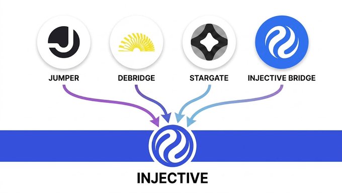 The image displays four logos labeled "JUMPER," "DEBRIDGE," "STARGATE," and "INJECTIVE BRIDGE," each with an arrow pointing to a central "INJECTIVE" logo, illustrating four distinct routing options to the Injective network. This visually reinforces the post's message that these are fundamentally different bridging solutions—not interchangeable copies—by showing Jumper as one of several unique pathways to the same destination.