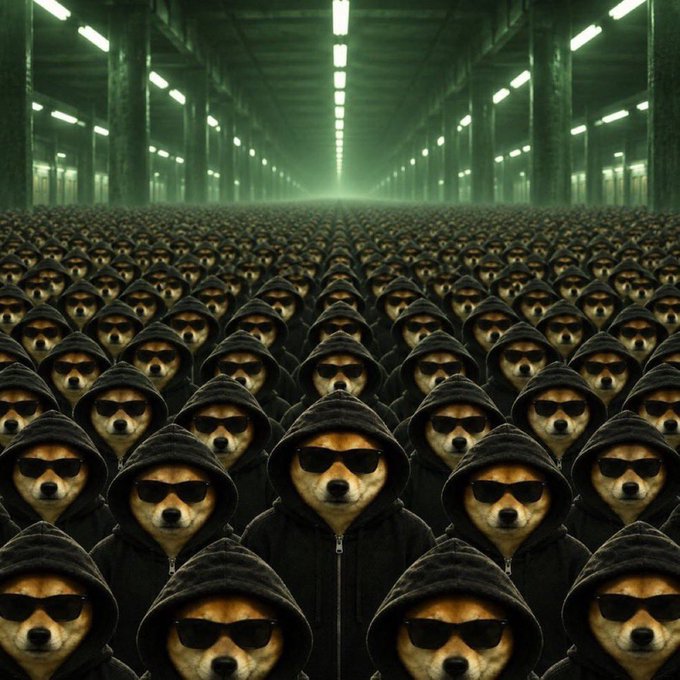 A surreal, dark digital artwork depicting a vast army of identical dog-like figures wearing sunglasses and hoodies, stretching into the distance under green-lit industrial lights.