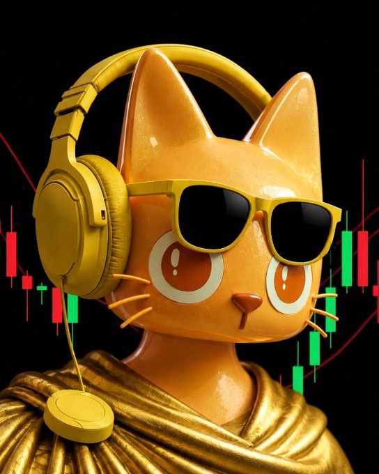 A 3D rendered orange cat character wearing yellow headphones, yellow sunglasses, and a gold cape, set against a black background with red and green candlestick charts.