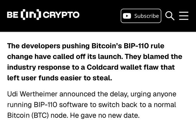 A screenshot from BE[IN]CRYPTO showing an article titled about BIP-110 developers calling off its Bitcoin rule change launch due to a Coldcard wallet flaw, with Udi Wertheimer urging users to switch back to a normal Bitcoin (BTC) node.