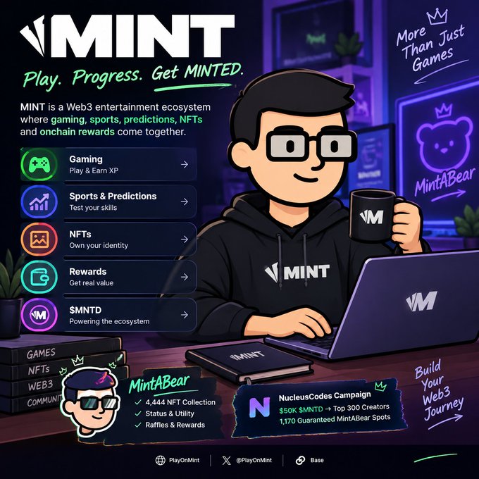 A promotional graphic for "MINT" - a Web3 entertainment ecosystem featuring gaming, sports, predictions, NFTs, and rewards, showing a cartoon character with glasses using a laptop, alongside sections for MintABear NFT collection and NucleusCodes Campaign details.