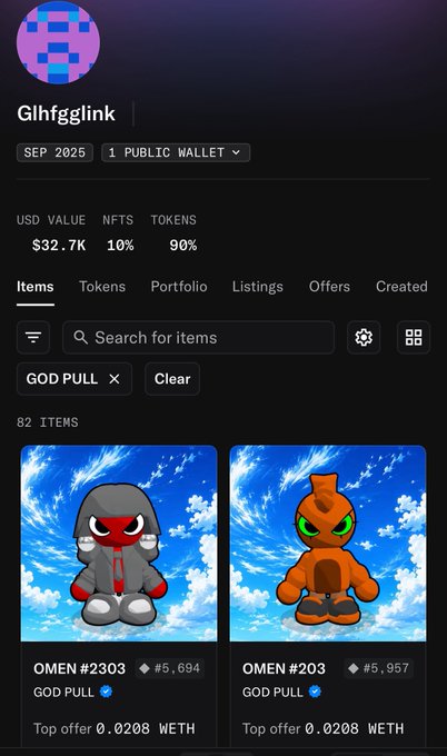 A screenshot of an NFT collection wallet page for user 'Glhfgglink', showing a $32.7K USD value, 82 items filtered by 'GOD PULL', and displaying OMEN #2303 and OMEN #203 with top offers of 0.0208 WETH each.