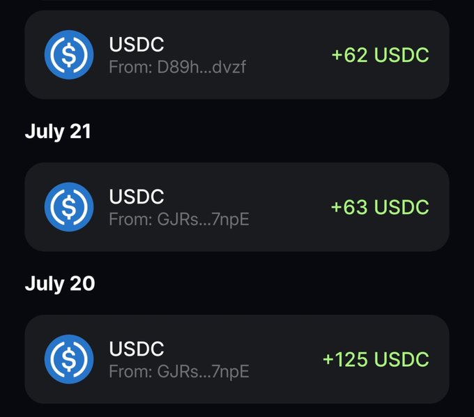 Cryptocurrency wallet transaction history showing USDC deposits: +62 USDC, +63 USDC on July 21, and +125 USDC on July 20 from addresses starting with GJRs...7npE.