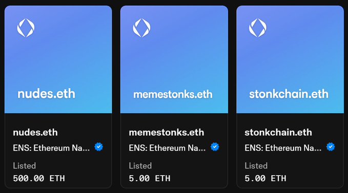 The image displays three ENS (Ethereum Name Service) listings—nudes.eth for 500 ETH, memestonks.eth for 5 ETH, and stonkchain.eth for 5 ETH—all marked as "Listed" and verified on Ethereum Name Service. These premium .eth domain listings, shown alongside the post celebrating recent completed sales like verify.eth, illustrate the active marketplace activity and renewed buyer interest the author claims is signaling an ENS market recovery.