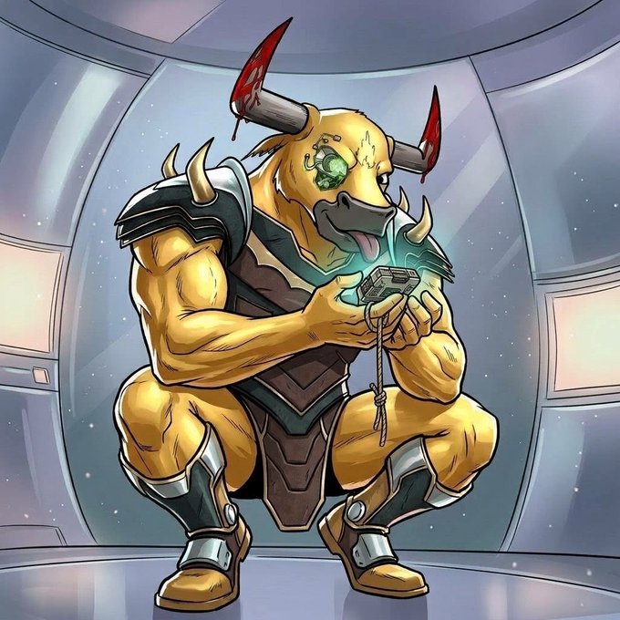 A digital illustration of a muscular anthropomorphic yellow dog/wolf warrior with a mustache, cybernetic eye, bloodied axe on its head, and spiked shoulder armor, crouching while examining a glowing amulet.