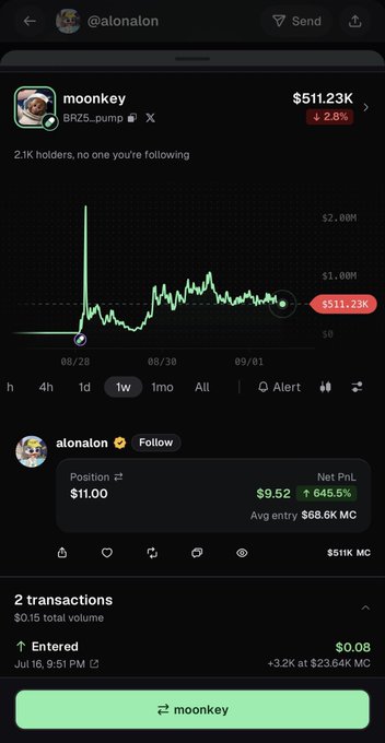 A mobile app screenshot showing the moondog/moonkey token (BRZ5_pump) at $511.23K market cap with +645.5% profit, including an entry transaction of $0.08 by user alonalon on Jul 16.