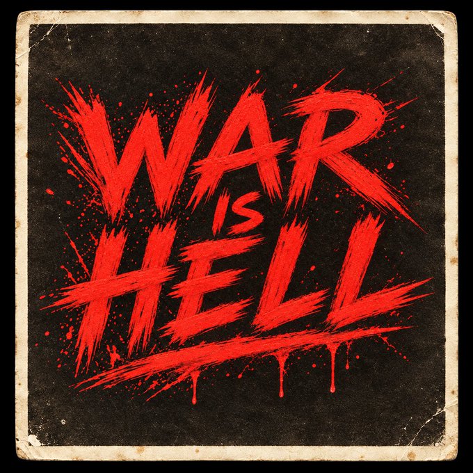 A black sign with red dripping, brushstroke-style lettering that reads "WAR IS HELL", framed by a weathered white border.