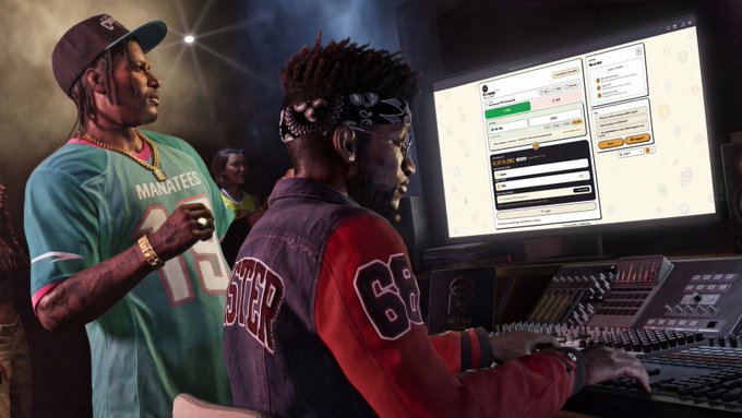 A GTA 6-style graphic depicts characters in a recording studio setting, with figures wearing "MANATEES" and "63 JUICER" varsity jackets near a mixing board. One monitor displays "0xRamp" and "P2P" interfaces for trading ZEC with BRL. The image mirrors the post by blending GTA 6 aesthetics with the 0xramp crypto trading platform on P2P.org.