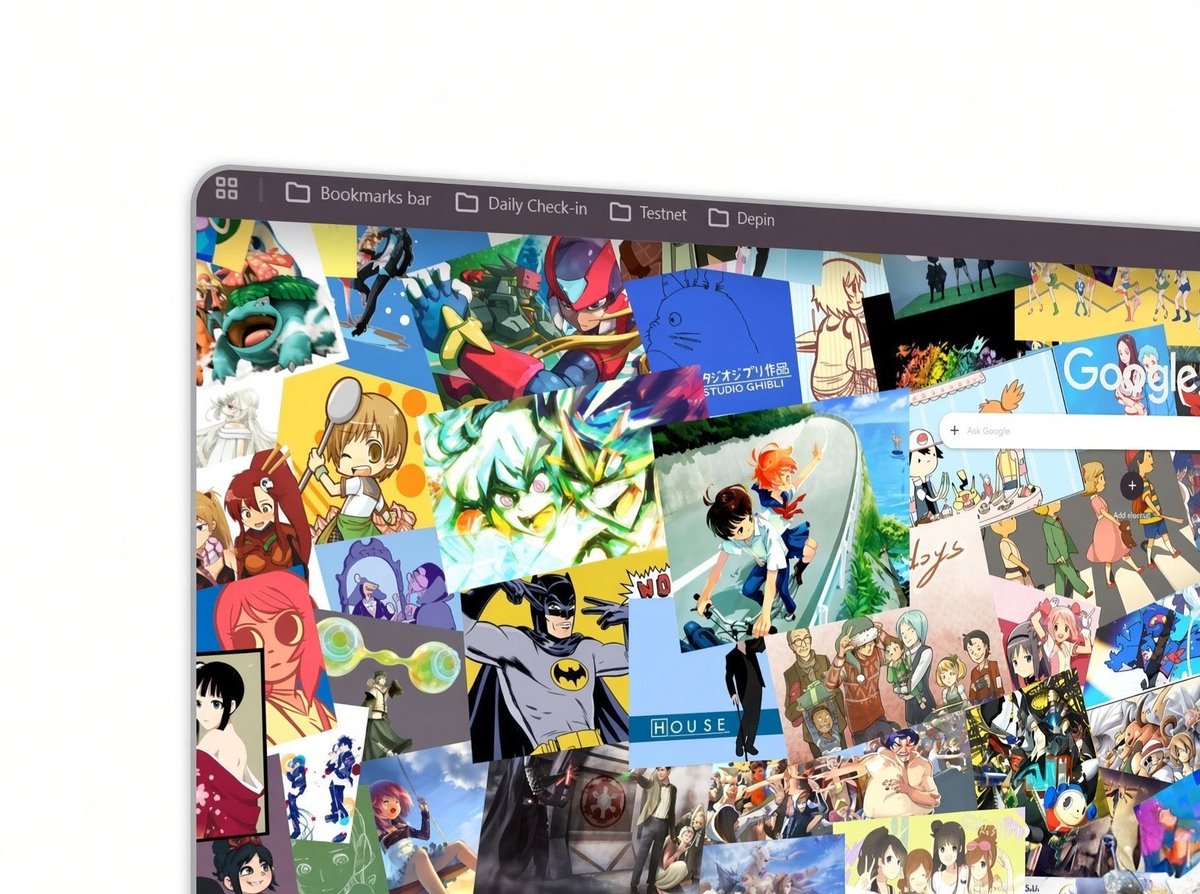 A stylized web browser interface displays a new tab page with bookmarks bar tabs labeled "Bookmarks bar," "Daily Check-in," "Testnet," and "Depin," with the main area filled by a chaotic collage of anime, cartoon, and comic characters including Batman, Pikachu, and Studio Ghibli references, alongside a Google search bar—visually representing the free token router route through glm-5.3-free as advertised in the accompanying post.