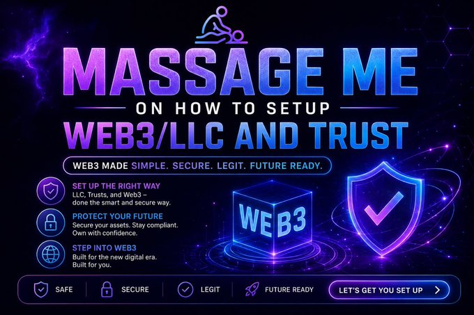A promotional banner titled 'MASSAGE ME ON HOW TO SETUP WEB3/LLC AND TRUST' with a cosmic theme, featuring features like 'SET UP THE RIGHT WAY', 'PROTECT YOUR FUTURE', and 'STEP INTO WEB3' alongside a 'LET'S GET YOU SET UP' button.