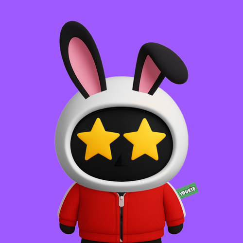 A 3D cartoon character wearing a white bunny hood with star-shaped eyes and a red zip-up jacket, featuring a 'YOUKIE' tag on a purple background.