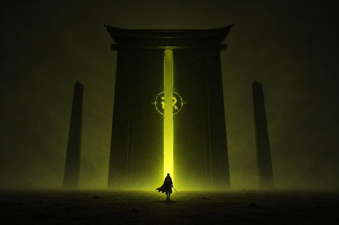 A digital artwork featuring a cloaked figure standing before a large, illuminated stone gateway with a glowing Bitcoin logo in the doorway, flanked by tall monoliths.