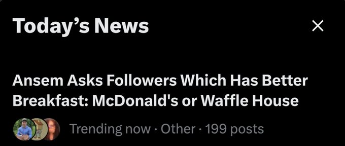 A screenshot of a "Today's News" section featuring a headline that reads "Ansem Asks Followers Which Has Better Breakfast: McDonald's or Waffle House," with the topic labeled as trending in the "Other" category with 199 posts. The image humorously reinforces the post's claim about a "bear market," as the top crypto news story is reduced to a trivial food comparison poll rather than substantive market or industry developments.