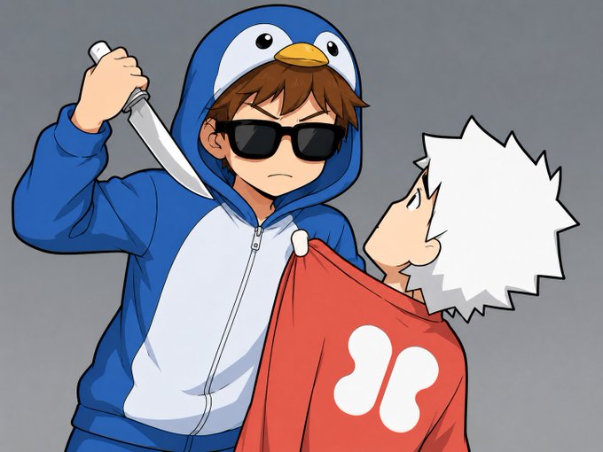 An animated drawing depicts a character in a blue penguin hoodie and sunglasses holding a knife near another character wearing a red shirt with a white 'W' logo.