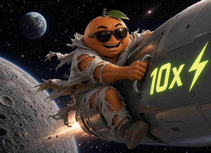 A surreal AI-generated image depicts a smiling orange character wearing sunglasses and tattered clothing riding a rocket ship through outer space, with "10X" and a lightning bolt graphic on the side.