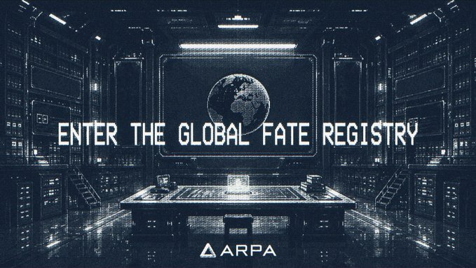 A futuristic sci-fi style digital artwork showing a control room with a globe on a screen, featuring the text 'ENTER THE GLOBAL FATE REGISTRY' and the ARPA logo.