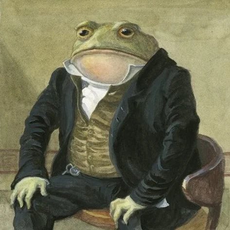A whimsical portrait of a frog dressed in a Victorian-era black suit, waistcoat, and white cravat, sitting on a wooden chair against a muted green background, evoking the phrase "full port the frog" from the accompanying post about the $tibbir token. The image cleverly uses the well-known frog meme reference to suggest revealing the truth about the project's quiet departure from stealth mode.