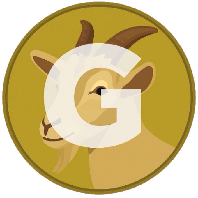 The image shows a cartoon goat's face inside a gold coin, overlaid with a large stylized letter "G." The image visually represents the $GOAT meme token, illustrating the "doge + goat" concept mentioned in the post as a spiritual successor to Dogecoin.