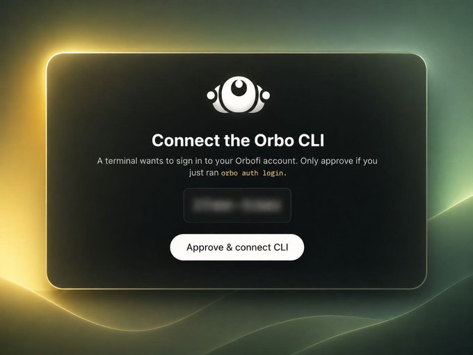 An authorization prompt screen titled "Connect the Orbo CLI" with the message "A terminal wants to sign in to your Orbofi account. Only approve if you just ran `orbo auth login.`" and an "Approve & connect CLI" button.