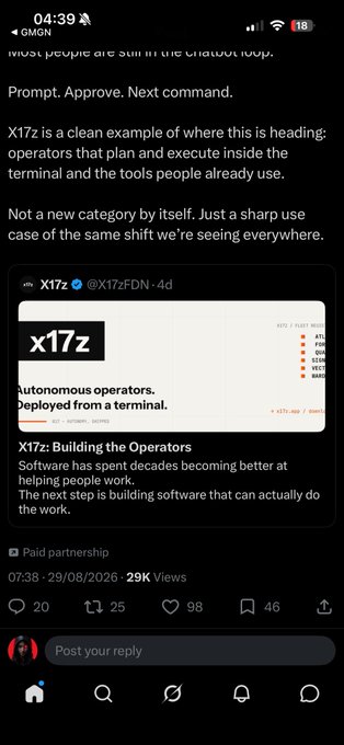 Screenshot of a social media post discussing X17z and autonomous operators deployed from a terminal, dated 29/08/2026.