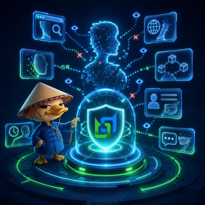 Digital art illustration showing a duck character in traditional Asian attire and conical hat next to a glowing shield with a green logo, set against a futuristic backdrop of a digital human head and various UI icons.