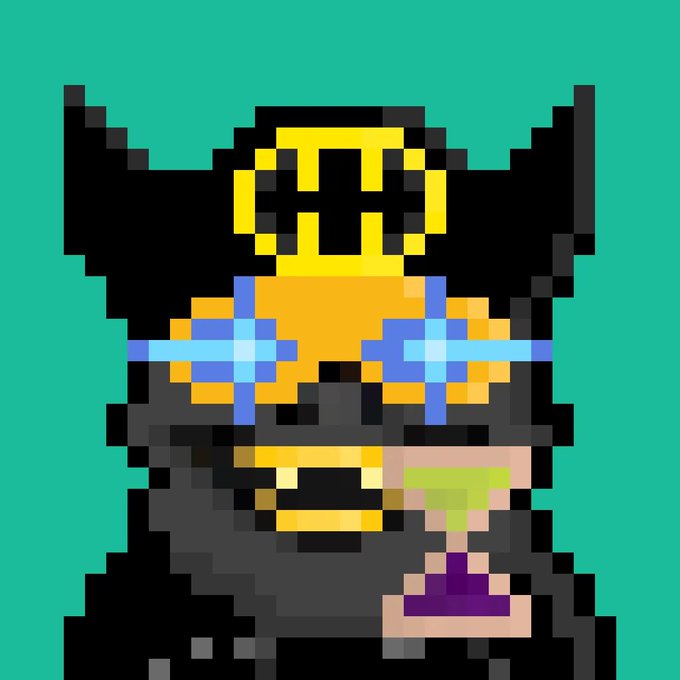 A pixel art illustration of a crowned figure with blue and orange attire holding a drink on a teal background.