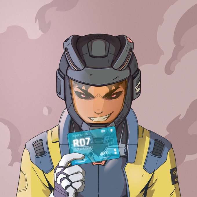 An anime-style illustration shows a smirking character in a futuristic helmet and yellow jacket holding up a holographic ID card that reads 'R07' and 'Racerz License'.