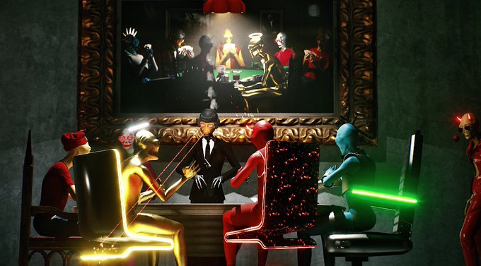 A surreal 3D scene depicting a poker game where characters appear to be sculpted or painted in various art styles, including a figure resembling The Godfather, a neon-lit figure, and others around a table beneath a framed painting.