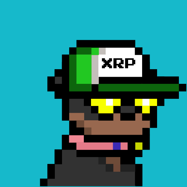 A pixel art character on a teal background wears a hat labeled 'XRP' along with yellow sunglasses and a pink scarf.