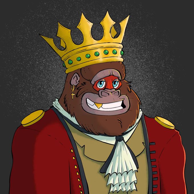 Digital illustration of a gorilla wearing a golden crown with green jewels, a red royal coat with gold trim, and a cross earring, smiling broadly against a dark background.
