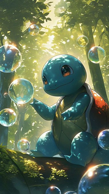 A digital illustration depicts a smiling blue Squirtle, the Pokémon, sitting in a sunlit forest surrounded by floating soap bubbles.