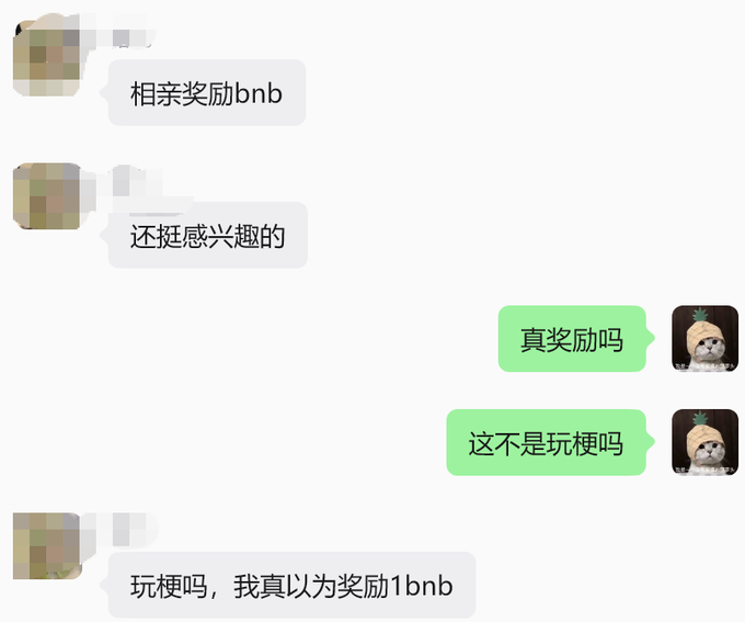 The image shows a conversation between two people, with one person's message displayed in Chinese characters. The text includes phrases such as "这下好了 圈外朋友都来问我是不是相亲奖励1BNB了 我都不敢说还有2BNB3BNB4BNB", which are written in Chinese. The conversation appears to be about a dog, as one person is saying "I love dogs".
