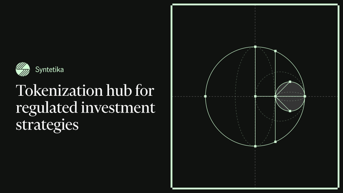 A dark-themed promotional graphic for Syntetika describing it as a 'Tokenization hub for regulated investment strategies' alongside a geometric circular design.