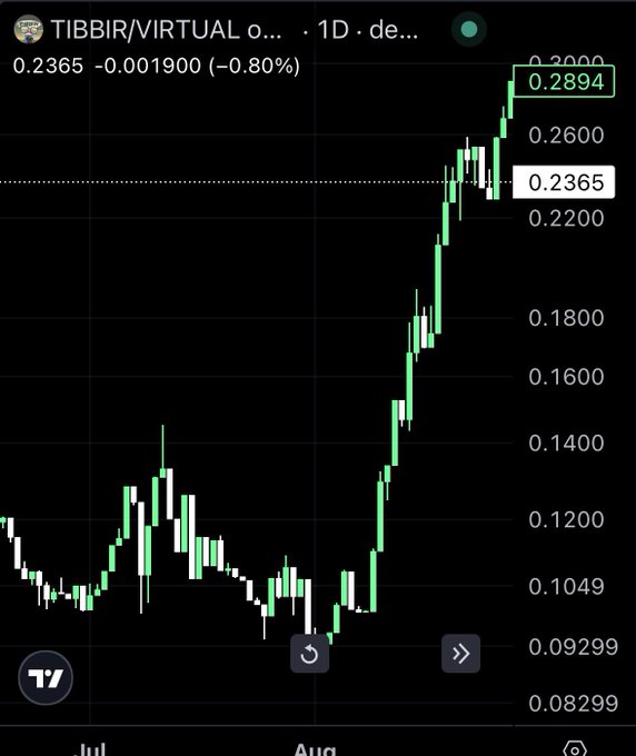 A financial trading chart showing TIBBIR/VIRTUAL token price action on a 1-day timeframe, with the current price at 0.2365 (down 0.80%) and a high of 0.2894, displaying a strong uptrend from late July through August.