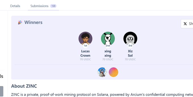 The image shows a webpage featuring three cartoon-style images or icons related to an event called "Zinc Cash". At the bottom of the page there's a list that displays names of people who have won prizes, including the "Winners" column containing three different titles and logos. The title of the event is "Zinc Cash", indicated by a small image of zinc coins on a webpage background.