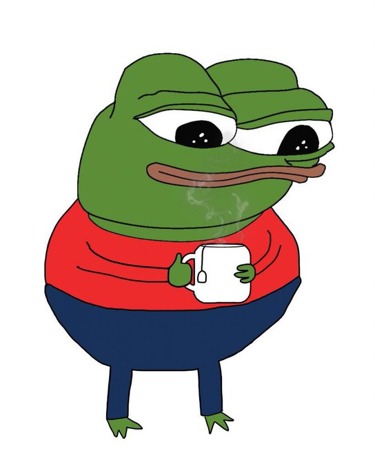 A cartoon illustration of a smug-looking Pepe the Frog character wearing a red shirt and blue pants, holding a steaming white mug.